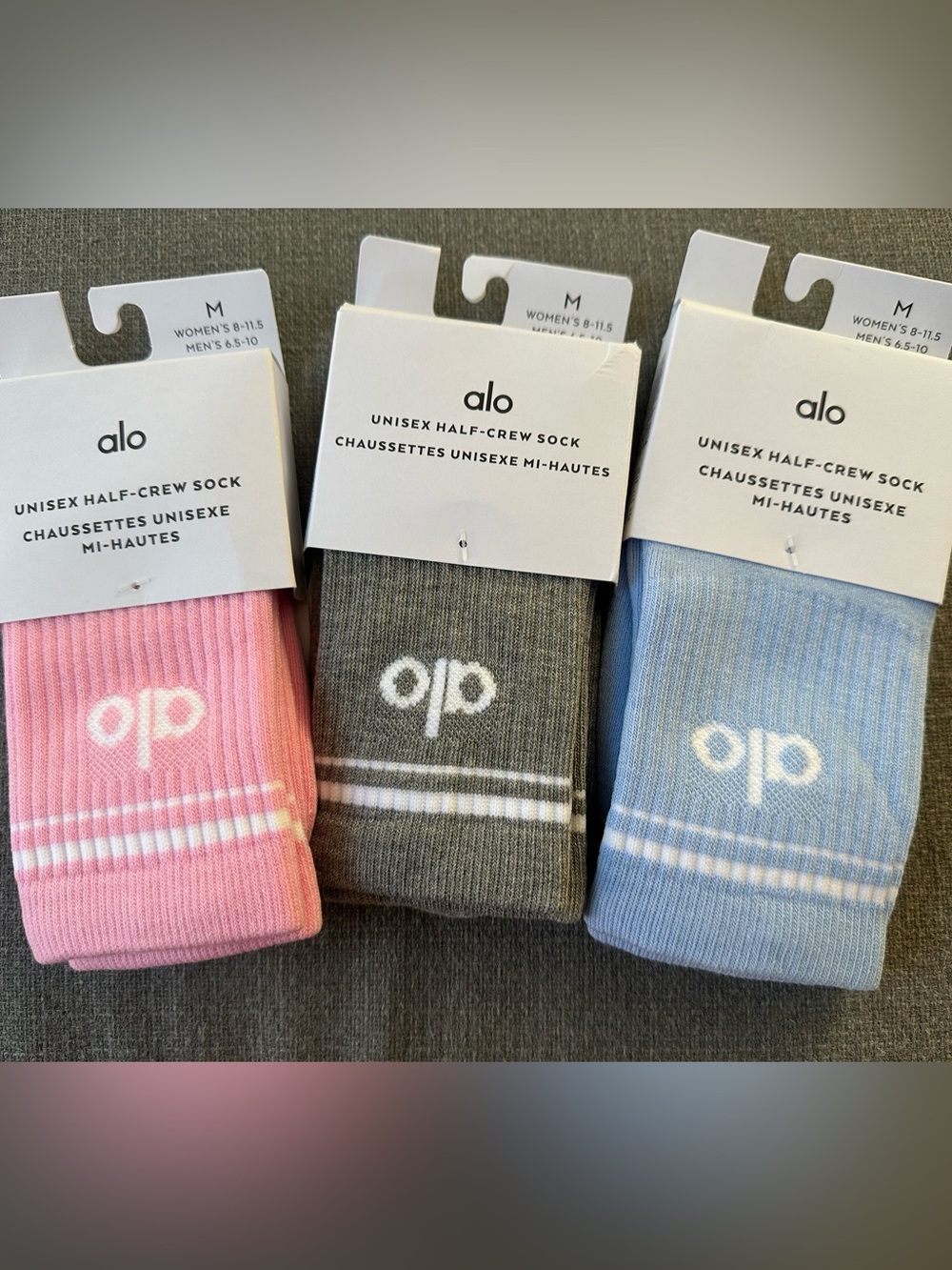 ALO Yoga Unisex Half-Crew Socks in Gray, Pink, Blue